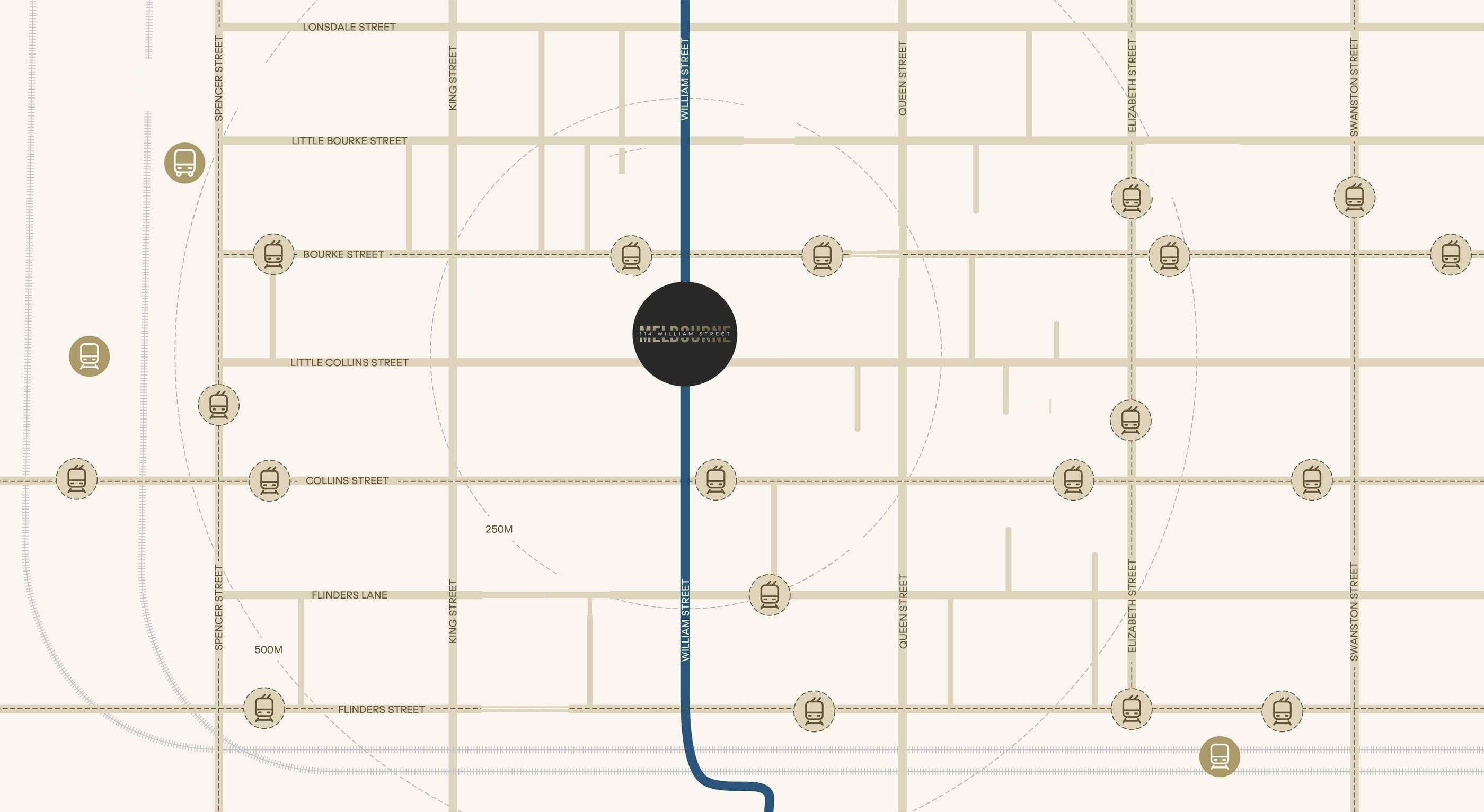 Illustrated map of the Melbourne CBD blocks around 114 William Street