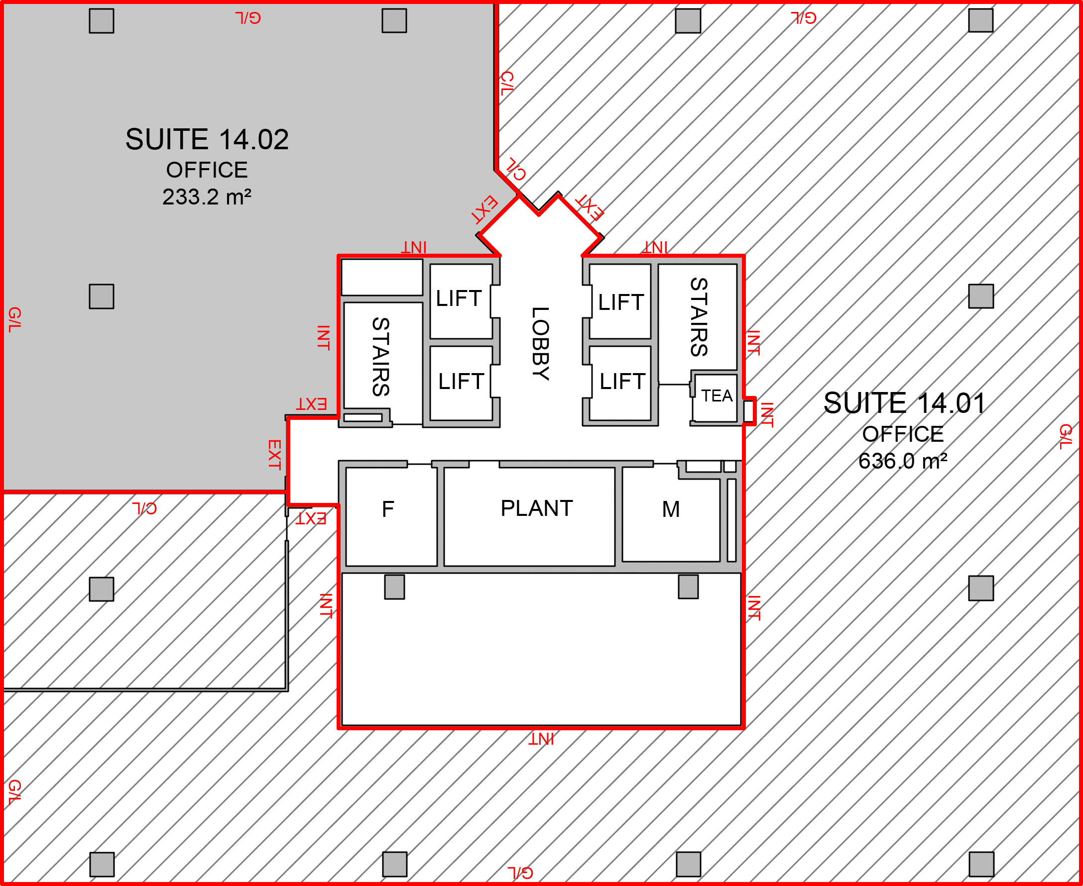 Survey plan showing Suite 14.02, 233.2 sqm, highlighted on the Level 14 floorplate