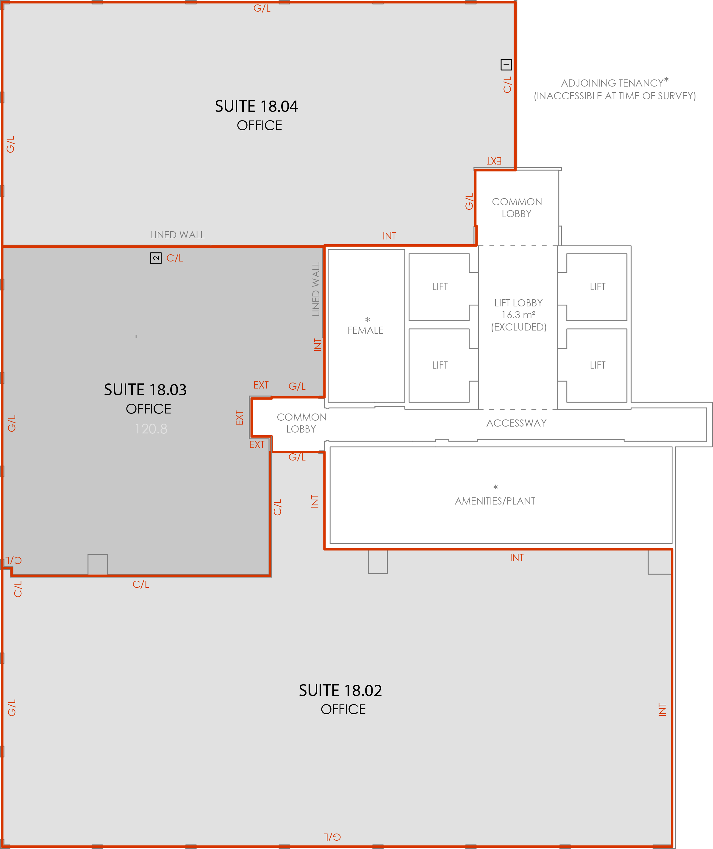 Survey plan showing the 122 sqm suite highlighted on the Level 18 floorplate