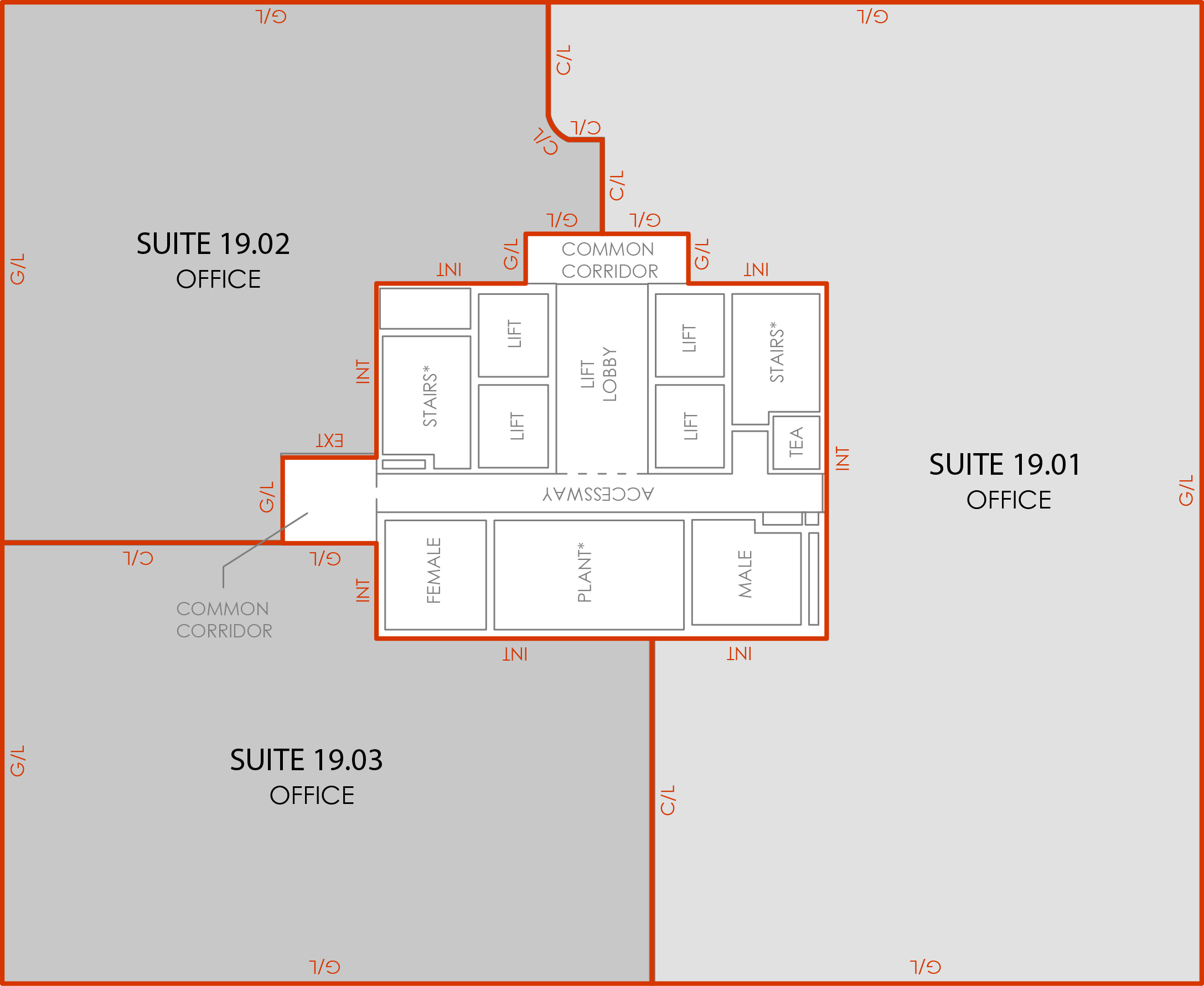 Survey plan showing Suite 19.01, 462.8 sqm, highlighted on the Level 19 floorplate