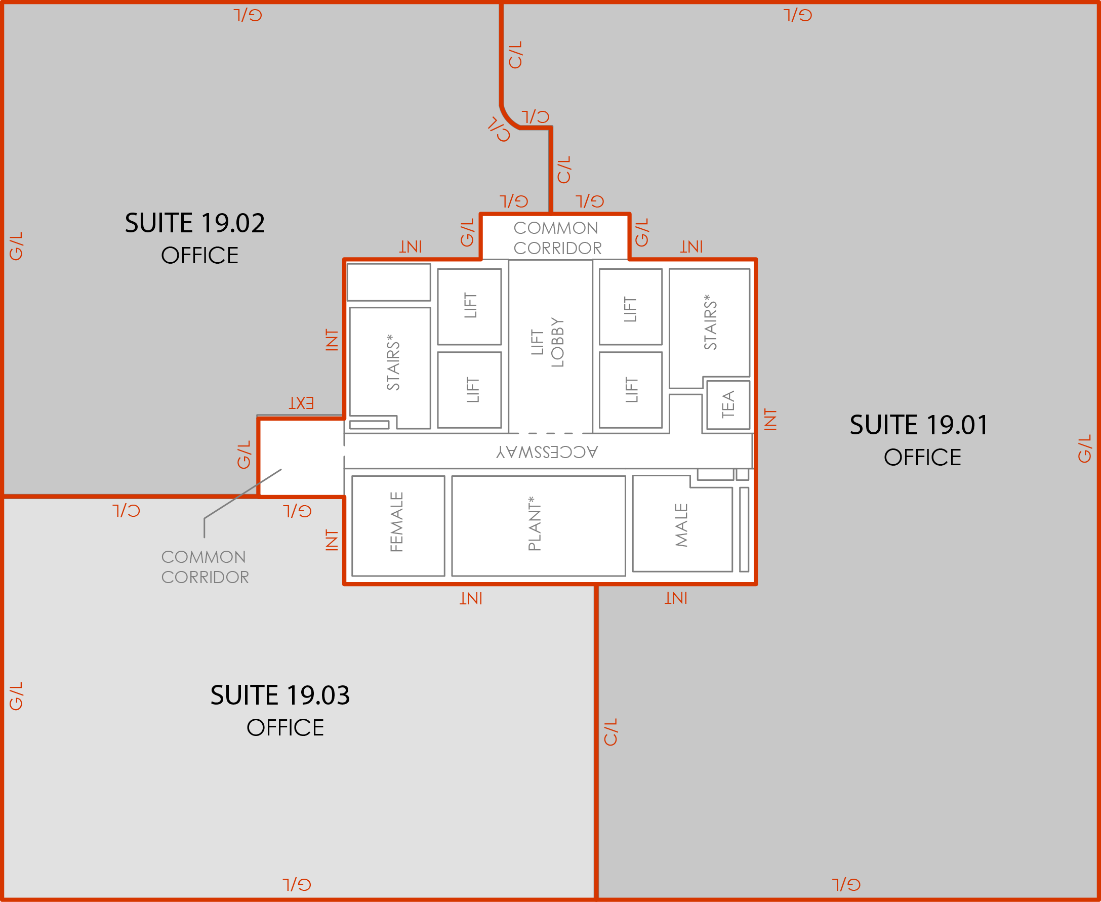 Survey plan showing Suite 19.03, 243.4 sqm, highlighted on the Level 19 floorplate